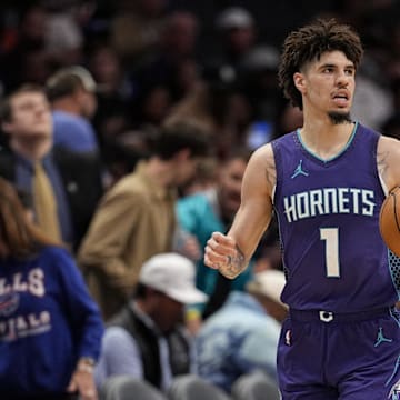 Mar 20, 2025; Charlotte, North Carolina, USA; Charlotte Hornets guard LaMelo Ball (1) brings the ball up court against the New York Knicks during the second half at Spectrum Center. Mandatory Credit: Jim Dedmon-Imagn Images