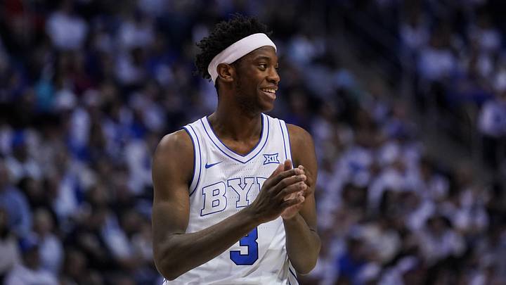 Feb 14, 2026; Provo, Utah, USA; BYU Cougars forward AJ Dybantsa (3) reacts during the second half against the Colorado Buffaloes at the Marriott Center. Mandatory Credit: Aaron Baker-Imagn Images