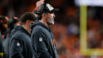 Dec 2, 2024; Denver, Colorado, USA; Cleveland Browns head coach Kevin Stefanski looks on in the second quarter against the Denver Broncos at Empower Field at Mile High. Mandatory Credit: Isaiah J. Downing-Imagn Images