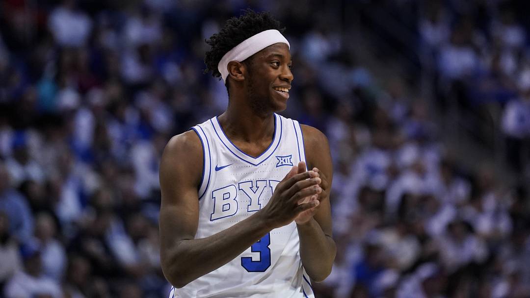 Feb 14, 2026; Provo, Utah, USA; BYU Cougars forward AJ Dybantsa (3) reacts during the second half against the Colorado Buffaloes at the Marriott Center. Mandatory Credit: Aaron Baker-Imagn Images