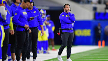 Nov 24, 2024; Inglewood, California, USA; Los Angeles Rams head coach Sean McVay watches game action against the Philadelphia Eagles during the first half at SoFi Stadium. Mandatory Credit: Gary A. Vasquez-Imagn Images