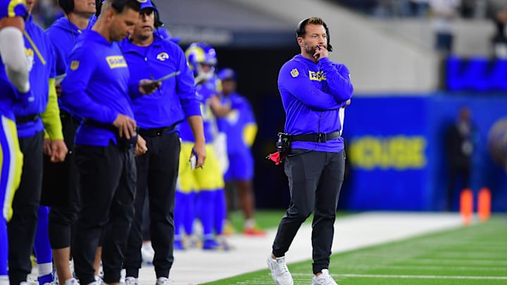Nov 24, 2024; Inglewood, California, USA; Los Angeles Rams head coach Sean McVay watches game action against the Philadelphia Eagles during the first half at SoFi Stadium. Mandatory Credit: Gary A. Vasquez-Imagn Images