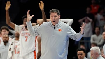 Mar 13, 2025; Charlotte, NC, USA; Clemson Tigers head coach Brad Brownell reacts in the second half at Spectrum Center. Mandatory Credit: Bob Donnan-Imagn Images
