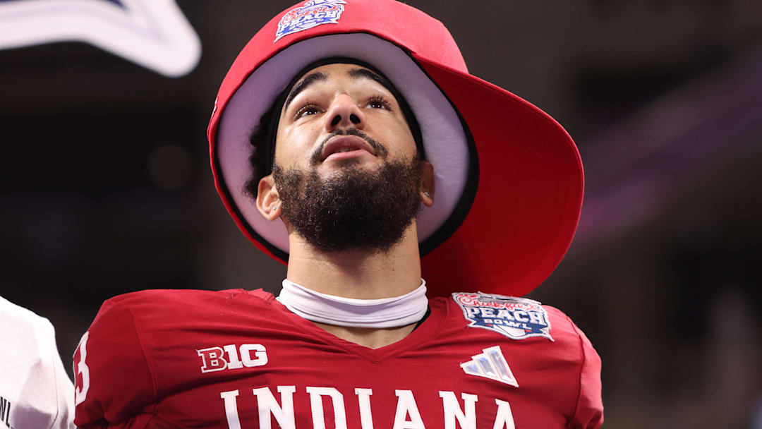 Jan 9, 2026; Atlanta, GA, USA; Indiana Hoosiers wide receiver Elijah Sarratt (13) reacts after the 2025 Peach Bowl and semifinal game of the College Football Playoff at Mercedes-Benz Stadium. 