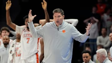 Mar 13, 2025; Charlotte, NC, USA; Clemson Tigers head coach Brad Brownell reacts in the second half at Spectrum Center. Mandatory Credit: Bob Donnan-Imagn Images