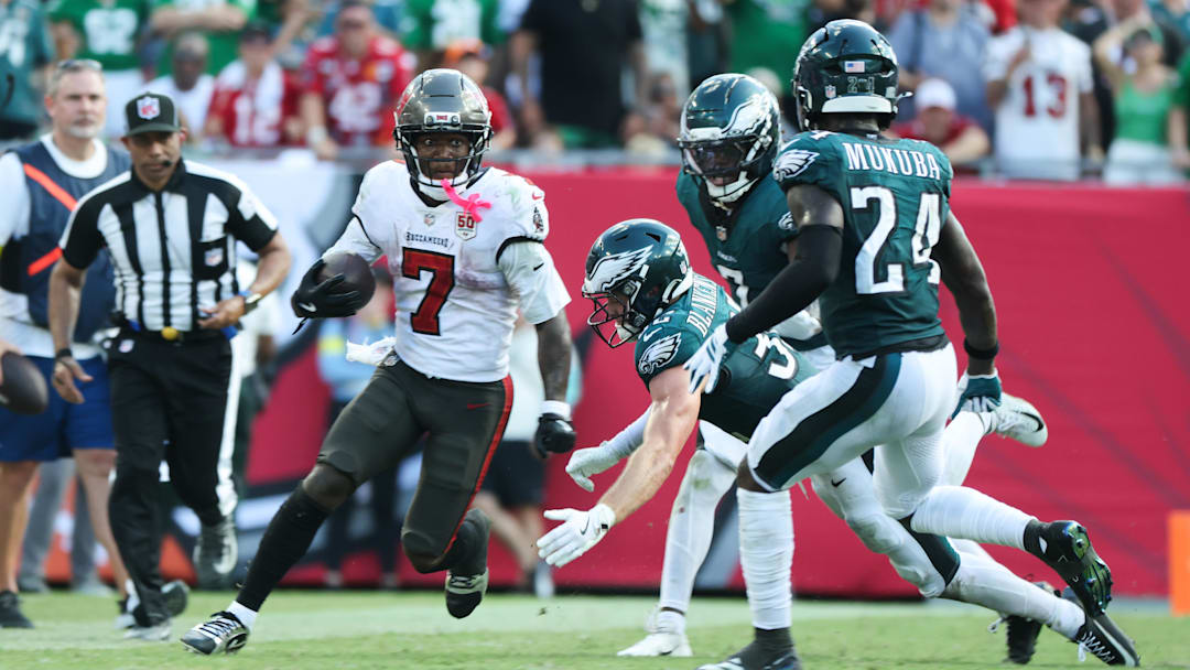 Various replay angles seem to suggest the Tampa Bay Buccaneers got screwed on Bucky Irving's fumble in the loss to the Eagles in Week 4. (Mandatory Credit: Kim Klement Neitzel-Imagn Images)