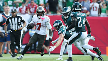 Various replay angles seem to suggest the Tampa Bay Buccaneers got screwed on Bucky Irving's fumble in the loss to the Eagles in Week 4. (Mandatory Credit: Kim Klement Neitzel-Imagn Images)