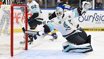 Feb 25, 2025; St. Louis, Missouri, USA;  Seattle Kraken goaltender Joey Daccord (35) gives up a goal to St. Louis Blues center Zack Bolduc (not pictured) during the second period at Enterprise Center. Mandatory Credit: Jeff Curry-Imagn Images