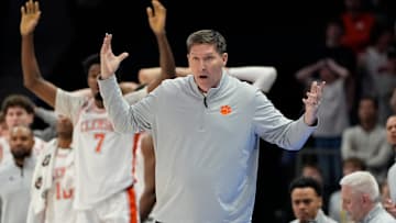 Mar 13, 2025; Charlotte, NC, USA; Clemson Tigers head coach Brad Brownell reacts in the second half at Spectrum Center. Mandatory Credit: Bob Donnan-Imagn Images