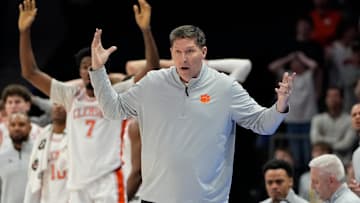 Mar 13, 2025; Charlotte, NC, USA; Clemson Tigers head coach Brad Brownell reacts in the second half at Spectrum Center. Mandatory Credit: Bob Donnan-Imagn Images
