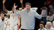 Mar 13, 2025; Charlotte, NC, USA; Clemson Tigers head coach Brad Brownell reacts in the second half at Spectrum Center. 