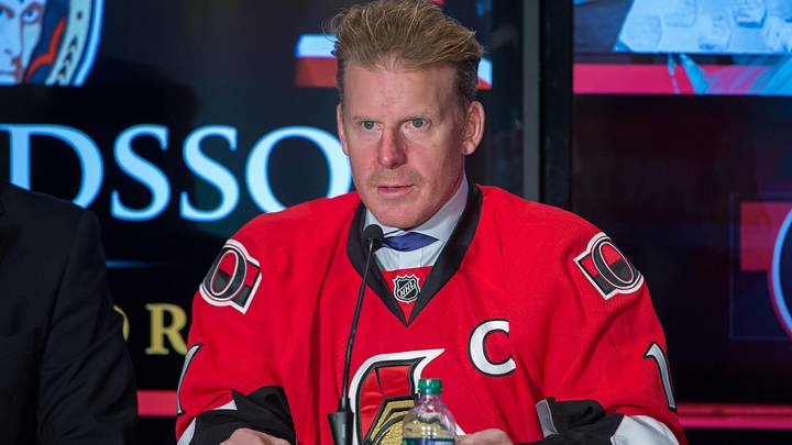 Dec 4, 2014; Ottawa, Ontario, Canada; Daniel Alfredsson speaks to the media after signing a one day contract to return to the Ottawa Senators during a press conference at Canadian Tire Centre where he announced that he would be retiring. Mandatory Credit: Marc DesRosiers-USA TODAY Sports