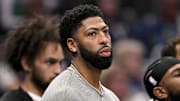 Nov 19, 2025; Dallas, Texas, USA; Dallas Mavericks forward Anthony Davis (3) looks on from the bench during the second half against the New York Knicks at the American Airlines Center. Mandatory Credit: Jerome Miron-Imagn Images