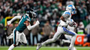 Detroit Lions wide receiver Jameson Williams (1) makes a catch against Philadelphia Eagles cornerback Adoree' Jackson (8) during the first half at Lincoln Financial Field in Philadelphia on Sunday, November 16, 2025.