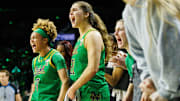 Notre Dame's bench celebrates during a NCAA women's basketball game between No. 3 Notre Dame and No. 25 Louisville at Purcell Pavilion on Sunday, March 2, 2025, in South Bend.
