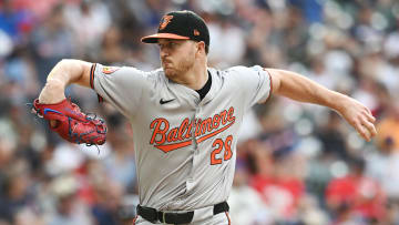 Aug 1, 2024; Cleveland, Ohio, USA; Baltimore Orioles starting pitcher Trevor Rogers (28) throws a pitch during the first inning against the Baltimore Orioles at Progressive Field. Mandatory Credit: Ken Blaze-USA TODAY Sports