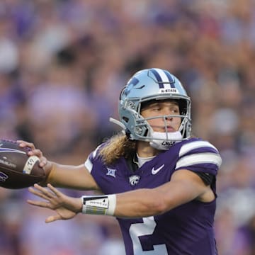 Kansas State Wildcats quarterback Avery Johnson (2) looks for an open pass during the first quarter of the game against Arizona at Bill Snyder Family Stadium on Friday, September 13, 2024.