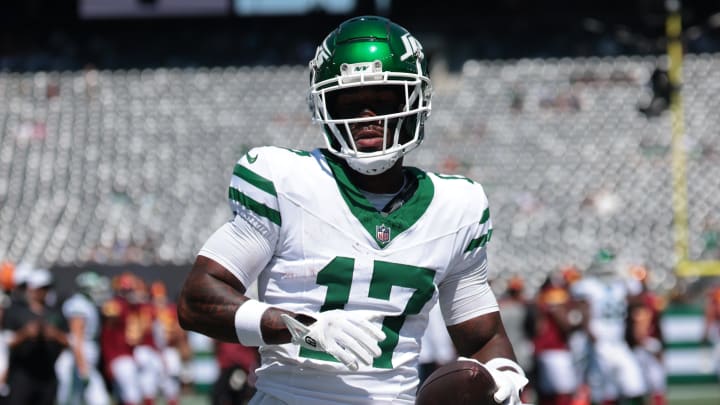 Aug 10, 2024; East Rutherford, New Jersey, USA; New York Jets wide receiver Malachi Corley (17) during warm ups before the game against the Washington Commanders at MetLife Stadium.  