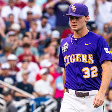 LSU pitcher Kade Anderson walks off the mound during an NCAA College World Series game against Arkansas on June 14 at Charles Schwab Field.