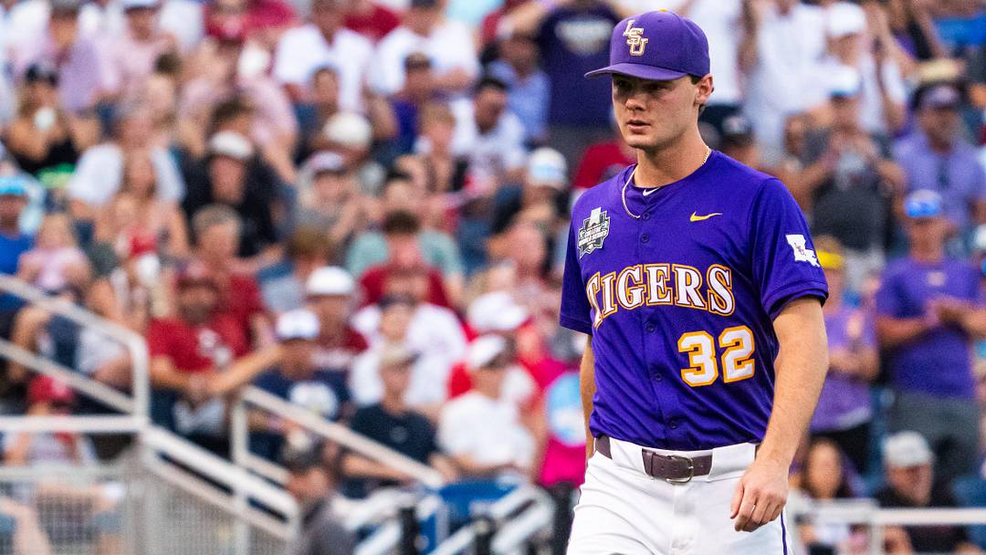 Jun 14, 2025; Omaha, Neb, USA; LSU Tigers starting pitcher Kade Anderson (32) walks off the mound during the eighth inning against the Arkansas Razorbacks at Charles Schwab Field. Mandatory Credit: Dylan Widger-Imagn Images