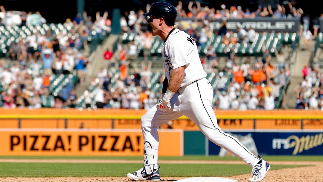 Jun 7, 2026: Detroit Tigers shortstop Kevin McGonigle (7) celebrates after he hits a two run walk off single in the ninth inning against the Seattle Mariners at Comerica Park. 