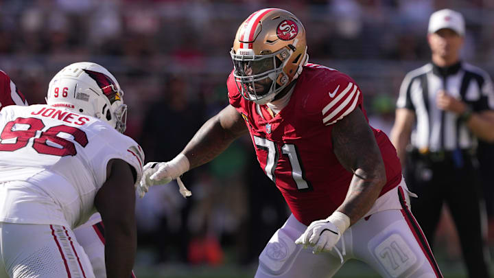 Oct 6, 2024; Santa Clara, California, USA; San Francisco 49ers offensive tackle Trent Williams (71) blocks Arizona Cardinals defensive tackle Naquan Jones (96) during the fourth quarter at Levi's Stadium. Mandatory Credit: Darren Yamashita-Imagn Images