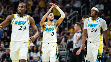 Apr 22, 2025; Indianapolis, Indiana, USA; Indiana Pacers guard Tyrese Haliburton (0) celebrates a made shot during game two against the Milwaukee Bucks in the  first round for the 2024 NBA Playoffs at Gainbridge Fieldhouse. Mandatory Credit: Trevor Ruszkowski-Imagn Images