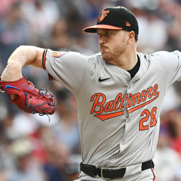 Aug 1, 2024; Cleveland, Ohio, USA; Baltimore Orioles starting pitcher Trevor Rogers (28) throws a pitch during the first inning against the Baltimore Orioles at Progressive Field.