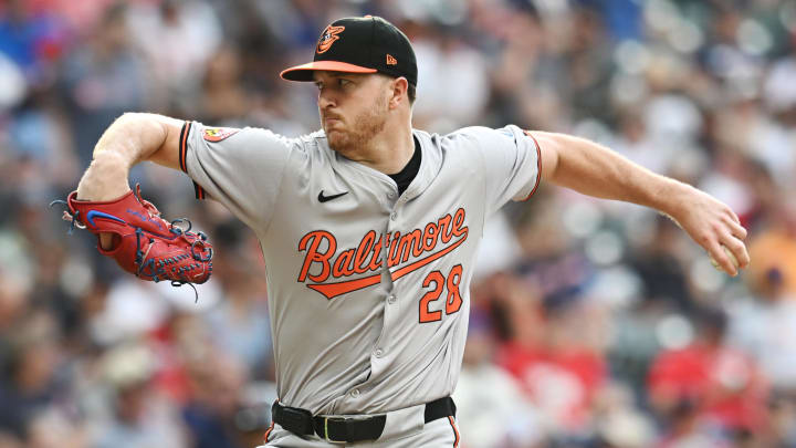 Aug 1, 2024; Cleveland, Ohio, USA; Baltimore Orioles starting pitcher Trevor Rogers (28) throws a pitch during the first inning against the Baltimore Orioles at Progressive Field.