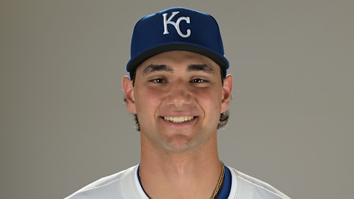 Feb 19, 2025; Surprise, AZ, USA; Kansas City Royals Jac Caglianone (14) poses for a photo during media day. Mandatory Credit: Jayne Kamin-Oncea-Imagn Images  