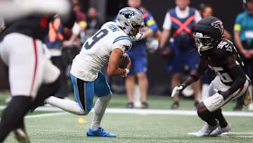 Nov 16, 2025; Atlanta, Georgia, USA; Carolina Panthers quarterback Bryce Young (9) runs with the ball in the first quarter against the Atlanta Falcons at Mercedes-Benz Stadium. Mandatory Credit: Brett Davis-Imagn Images