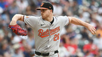 Aug 1, 2024; Cleveland, Ohio, USA; Baltimore Orioles starting pitcher Trevor Rogers (28) throws a pitch during the first inning against the Baltimore Orioles at Progressive Field.