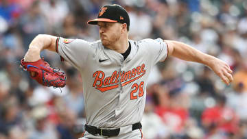 Aug 1, 2024; Cleveland, Ohio, USA; Baltimore Orioles starting pitcher Trevor Rogers (28) throws a pitch during the first inning against the Baltimore Orioles at Progressive Field.