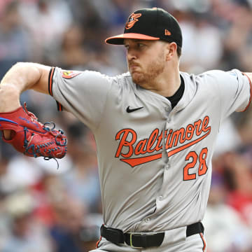 Aug 1, 2024; Cleveland, Ohio, USA; Baltimore Orioles starting pitcher Trevor Rogers (28) throws a pitch during the first inning against the Baltimore Orioles at Progressive Field.
