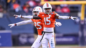 Dec 28, 2023; Bronx, NY, USA; Miami Hurricanes defensive back Markeith Williams (15) and defensive back Jadais Richard (25).