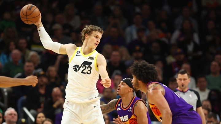 Nov 26, 2022; Phoenix, Arizona, USA; Utah Jazz forward Lauri Markkanen controls the ball against the Phoenix Suns in the second half at Footprint Center.