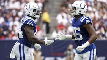 Sep 11, 2022; Houston, Texas, USA; Indianapolis Colts linebacker Zaire Franklin (44) and linebacker