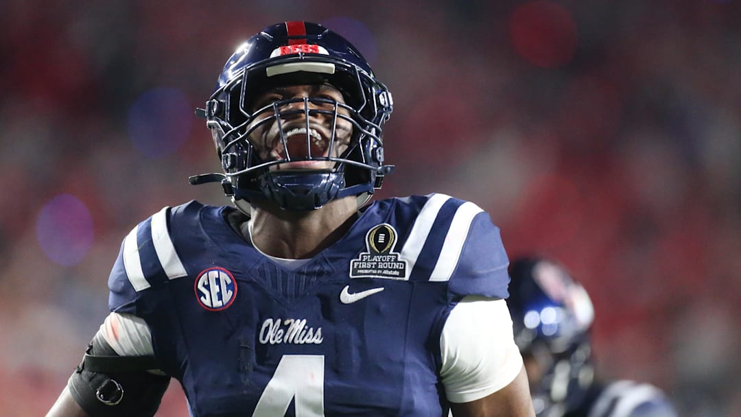 Mississippi linebacker Suntarine Perkins celebrates against Tulane in their College Football Playoff first-round game.