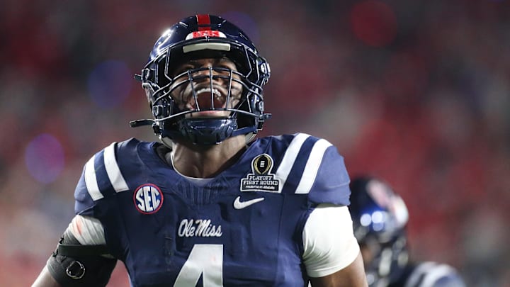 Mississippi linebacker Suntarine Perkins celebrates against Tulane in their College Football Playoff first-round game.