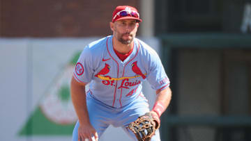 Sep 28, 2024; San Francisco, California, USA; St. Louis Cardinals infielder Paul Goldschmidt (46) plays his position against the San Francisco Giants during the fourth inning at Oracle Park. Mandatory Credit: Robert Edwards-Imagn Images