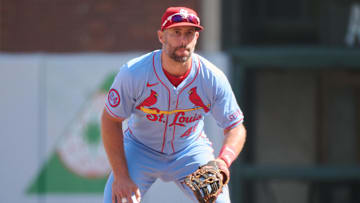 Sep 28, 2024; San Francisco, California, USA; St. Louis Cardinals infielder Paul Goldschmidt (46) plays his position against the San Francisco Giants during the fourth inning at Oracle Park.