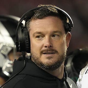 Nov 16, 2024; Madison, Wisconsin, USA;  Oregon Ducks head coach Dan Lanning looks on during the third quarter against the Wisconsin Badgers at Camp Randall Stadium. Mandatory Credit: Jeff Hanisch-Imagn Images