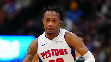 Dec 28, 2024; Denver, Colorado, USA; Detroit Pistons forward Ronald Holland II (00) dribbles up court in the second half against the Denver Nuggets at Ball Arena. Mandatory Credit: Ron Chenoy-Imagn Images