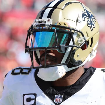 Dec 31, 2023; Tampa, Florida, USA; New Orleans Saints safety J.T. Gray (48) against the Tampa Bay Buccaneers prior to the game at Raymond James Stadium. Mandatory Credit: Kim Klement Neitzel-USA TODAY Sports