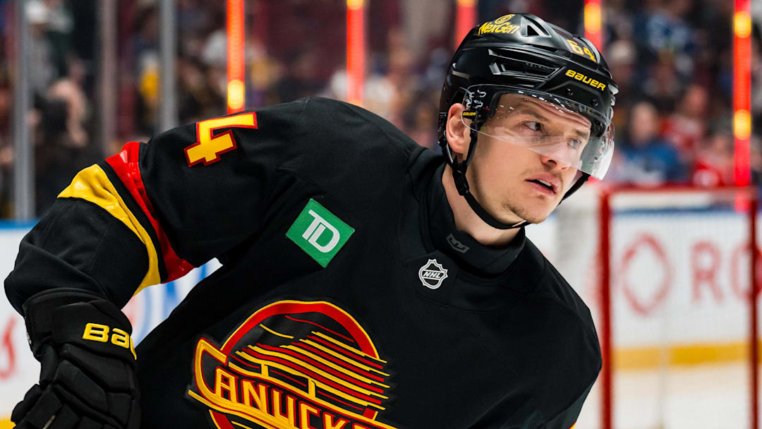 Jan 3, 2026; Vancouver, British Columbia, CAN; Vancouver Canucks forward David Kampf (64) skates in warm up prior to a game against the Boston Bruins at Rogers Arena. Mandatory Credit: Bob Frid-Imagn Images