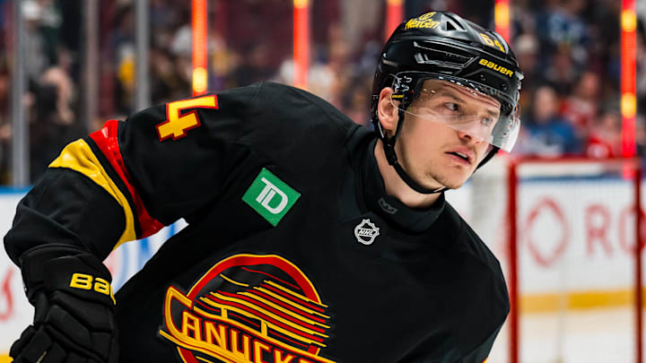 Jan 3, 2026; Vancouver, British Columbia, CAN; Vancouver Canucks forward David Kampf (64) skates in warm up prior to a game against the Boston Bruins at Rogers Arena. Mandatory Credit: Bob Frid-Imagn Images