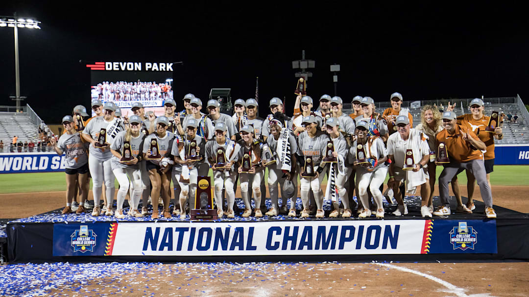 Jun 6, 2025; Oklahoma City, OK, USA; Texas Longhorns celebrate after defeating the Texas Tech Red Raiders 10-4 and winning the National Championship in game three of the NCAA Softball Women's College World Series finals at Devon Park. Jun 6, 2025; Oklahoma City, OK, USA; Texas Longhorns celebrate after defeating the Texas Tech Red Raiders 10-4 and winning the National Championship in game three of the NCAA Softball Women's College World Series finals at Devon Park.