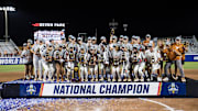 Jun 6, 2025; Oklahoma City, OK, USA;  Texas Longhorns celebrate after defeating the Texas Tech Red Raiders 10-4 and winning the National Championship in game three of the NCAA Softball Women's College World Series finals at Devon Park. Mandatory Credit: Brett Rojo-Imagn Images