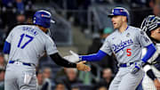 Shohei Ohtani and Freddie Freeman celebrate a home run during the 2024 World Series.