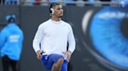 Oct 26, 2025; Charlotte, North Carolina, USA; Buffalo Bills wide receiver Keon Coleman (0) warms up before a game against the Carolina Panthers at Bank of America Stadium. Mandatory Credit: Jim Dedmon-Imagn Images